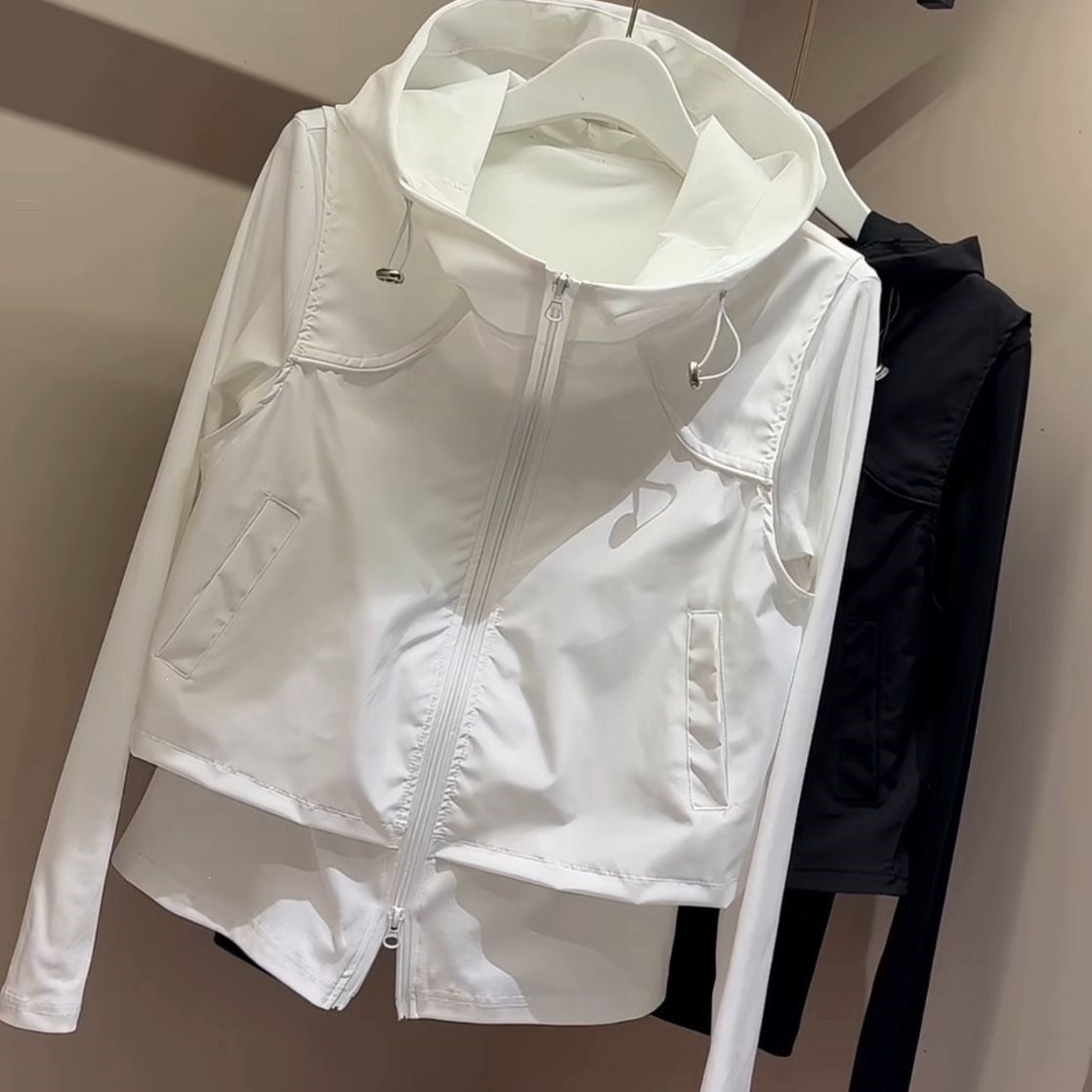 Jackets - เสื้อแจ็คเก็ตมีฮู้ดแบบ 2-in-1 สำหรับผู้หญิง, เสื้อกั๊กแบบครอปซิปพร้อมเสื้อชั้นในแขนยาว, เสื้อคลุมกันแดดน้ำหนักเบาแห้งเร็ว