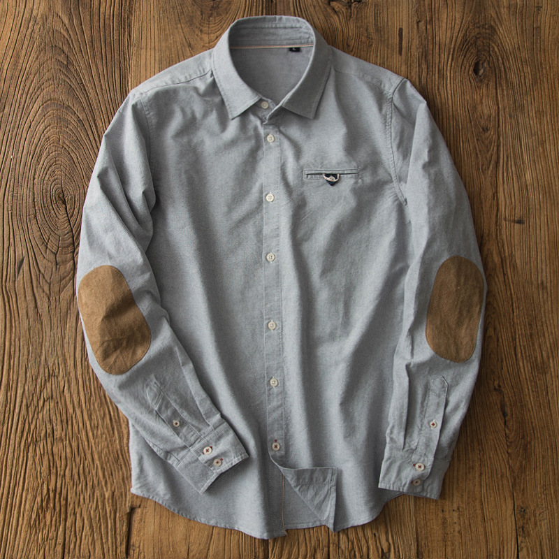 Oxford Cotton Casual Shirt Business - Oxford Retro เสื้อญี่ปุ่นธุรกิจสบายๆแฟชั่นอินเทรนด์ All-Match เสื้อหลวมชายแขนยาว Patch