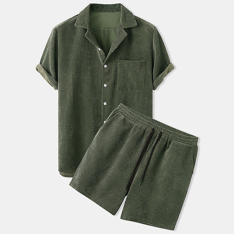 Corduroy Button Up Shirt Men - 2025 ใหม่ผู้ชายฤดูร้อน Corduroy เสื้อและกางเกงขาสั้นชุดสีทึบสวมใส่สบายๆฤดูร้อน Street สวม