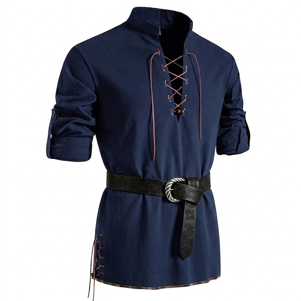 Medieval Gothic Lace Up Pirate Shirt - เสื้อเชิ้ตวินเทจผู้ชาย ผ้าฝ้าย แขนยาว สไตล์โจรสลัด ผูกเชือก สีพื้น