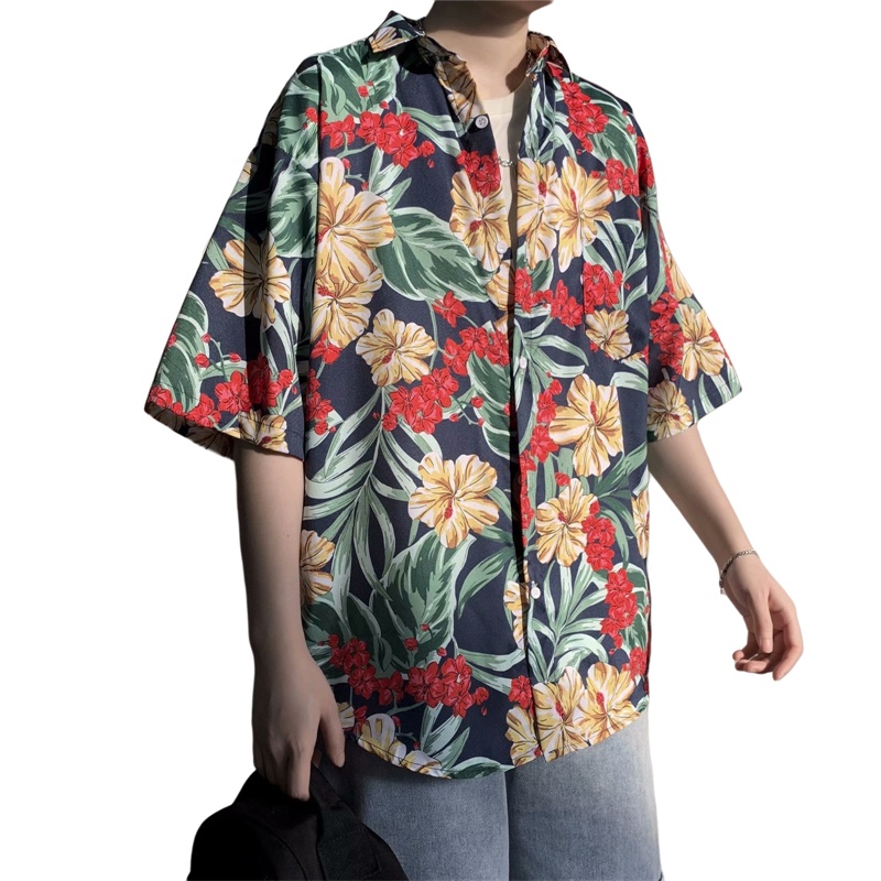 เสื้อฤดูร้อนแขนสั้นแนวฮาวายย้อ - Vintage Hawaiian Floral Shirt บทวิจารณ์และราคา
