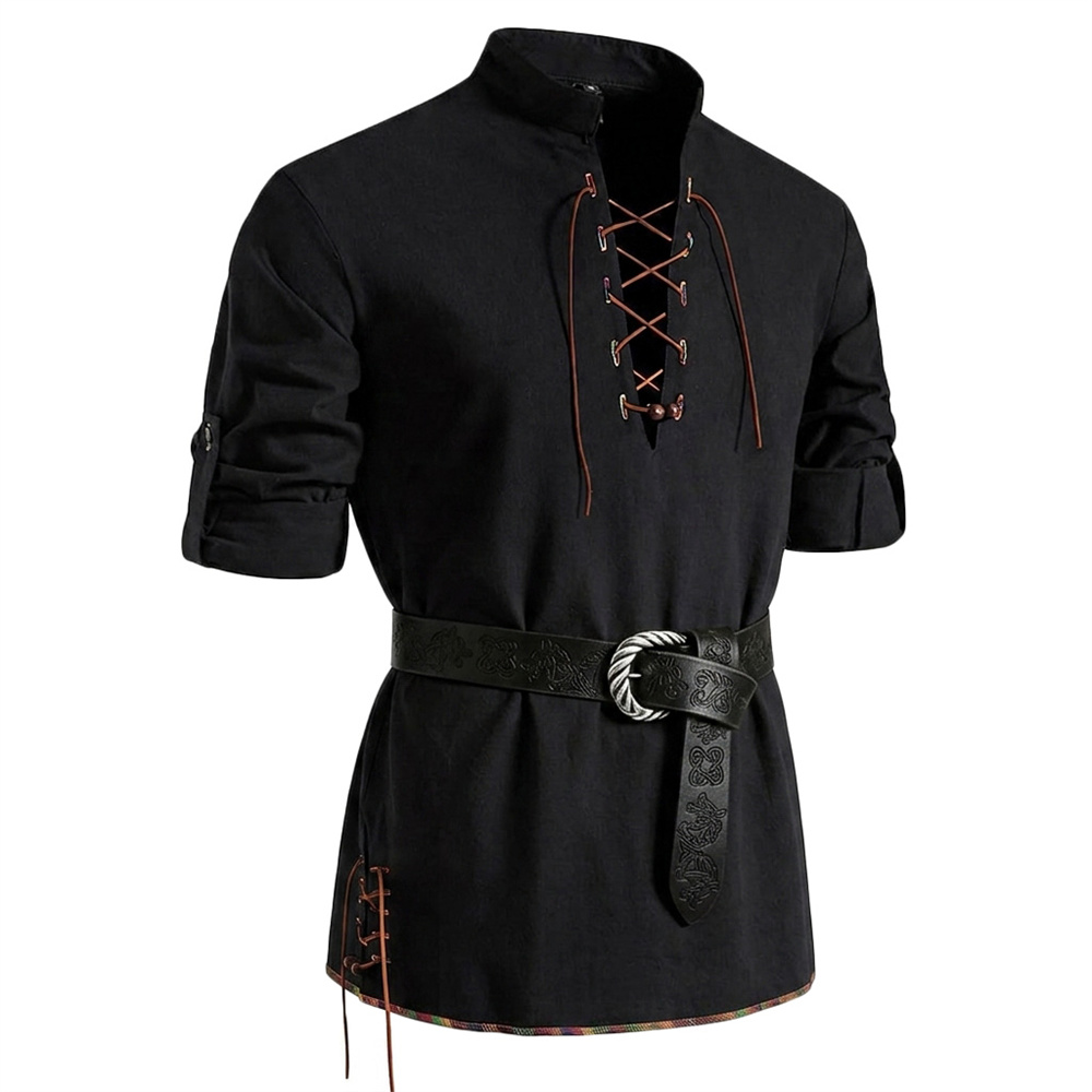 เสื้อเชิ้ตวินเทจผู้ชาย ผ้าฝ้าย - Medieval Gothic Lace Up Pirate Shirt บทวิจารณ์และราคา