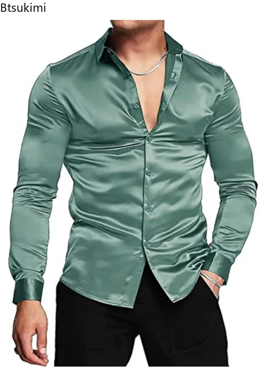 เสื้อเชิ้ตผ้าซาตินไหมเงาหรูหรา - Mens Satin Silk Dress Shirt บทวิจารณ์และราคา